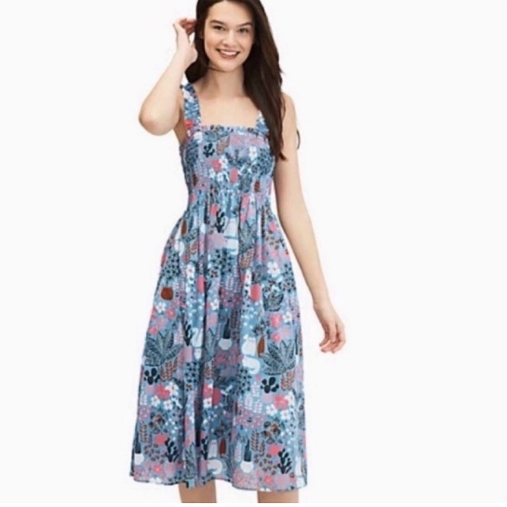 Kate Spade blue garden posy midi sundress with smocked bodice & whimsical print